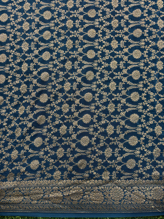 German Blue Pure Khaddi Crepe Banarasi Handloom Saree - Antique Zari