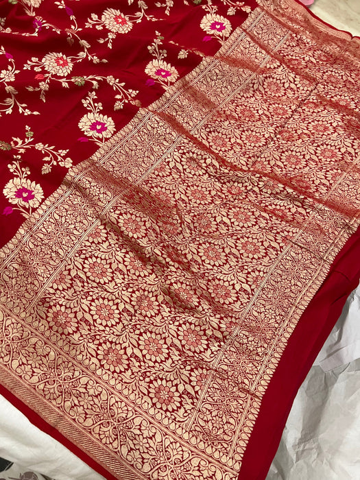 German Red Tussar Georgette Banarasi Saree