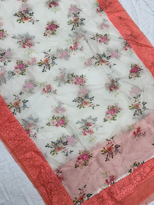 Off White and Peach Pure Organza Banarasi Handloom Saree - Chikankari with Digital Print