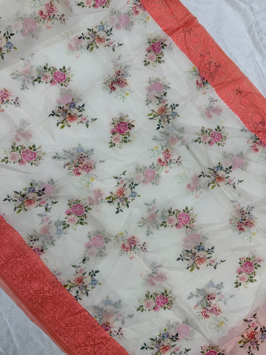 Off White and Peach Pure Organza Banarasi Handloom Saree - Chikankari with Digital Print