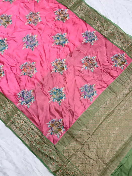 Pink Pure Mango Banarasi Handloom Saree - Hand Thread work