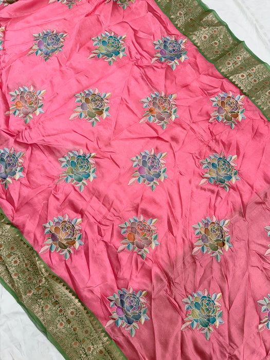 Pink Pure Mango Banarasi Handloom Saree - Hand Thread work