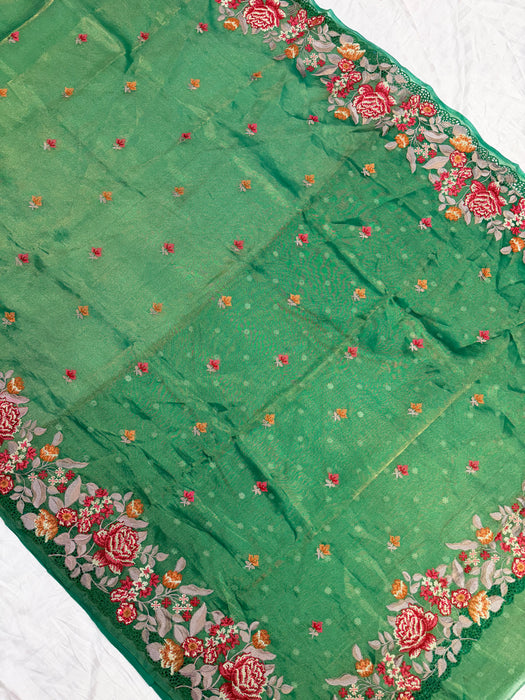 Green Pure Tissue Banarasi Handloom Saree - Chikankari