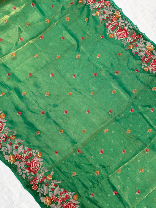 Green Pure Tissue Banarasi Handloom Saree - Chikankari