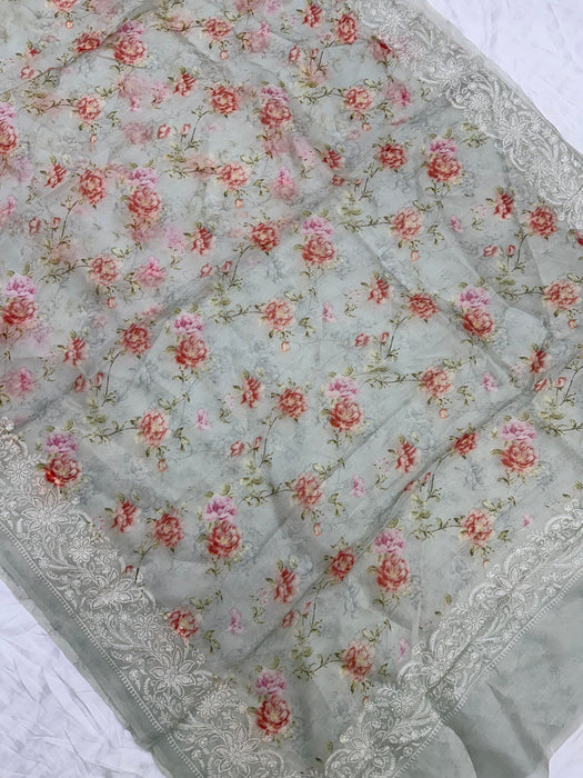 Gray Pure Organza Banarasi Handloom Saree - Chikankari with Digital Print