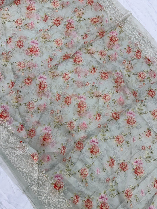 Gray Pure Organza Banarasi Handloom Saree - Chikankari with Digital Print