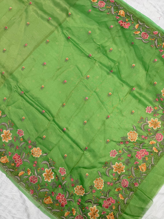 Green Pure Tissue Banarasi Handloom Saree - Chikankari