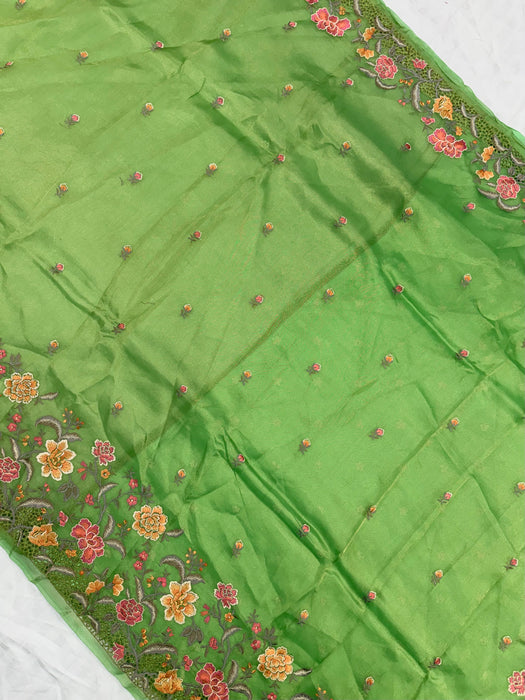 Green Pure Tissue Banarasi Handloom Saree - Chikankari