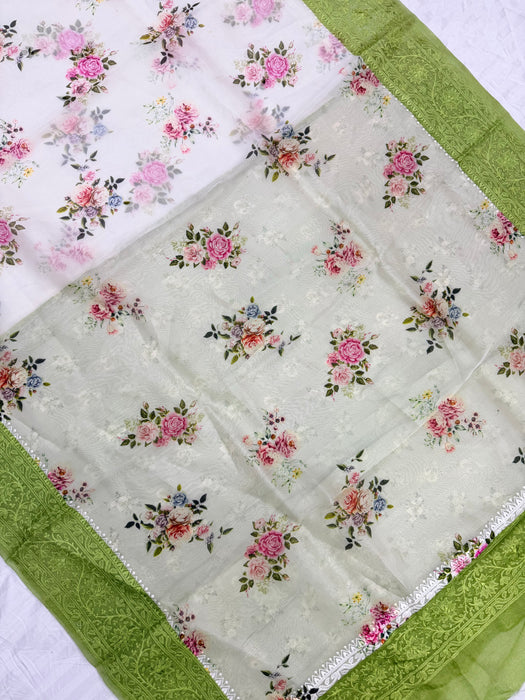 Offwhite and Green Pure Organza Banarasi Handloom Saree - Chikankari with Digital Print