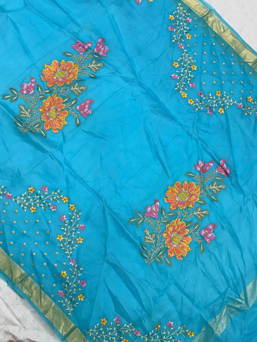 Blue Pure Organza Banarasi Handloom Saree - Chikankari