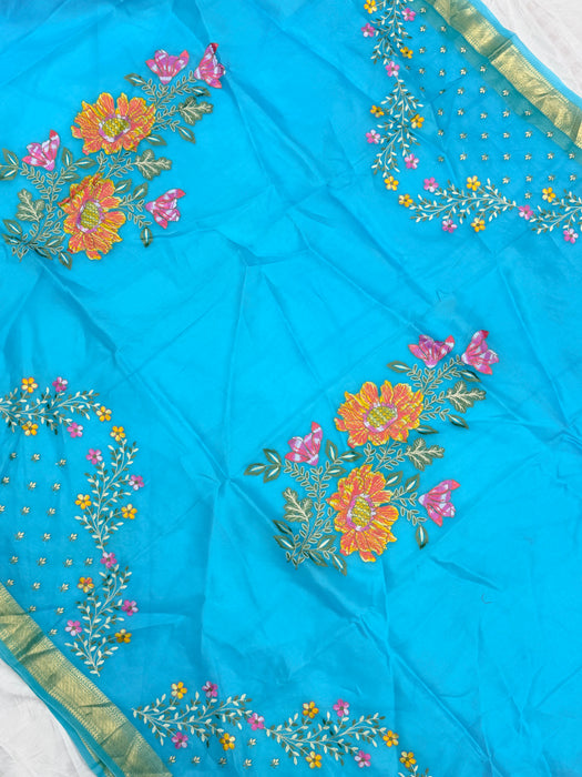 Blue Pure Organza Banarasi Handloom Saree - Chikankari