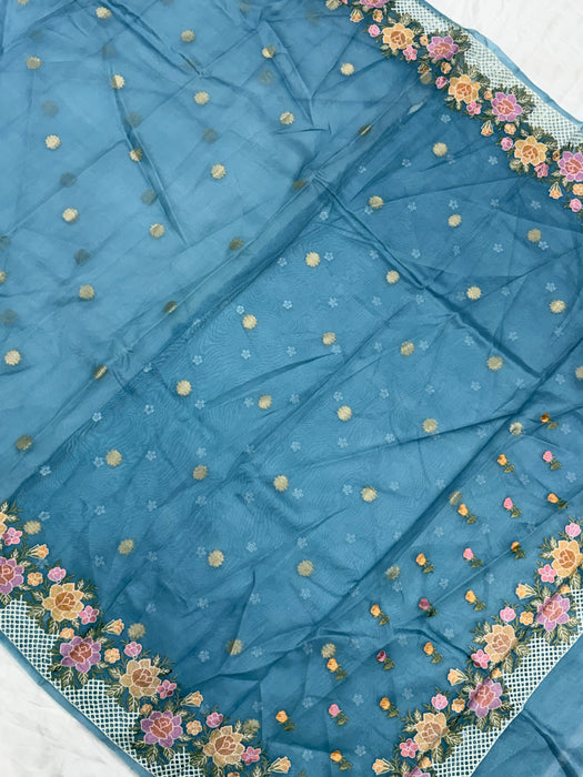 Steel Blue Pure Organza Banarasi Handloom Saree - Chikankari