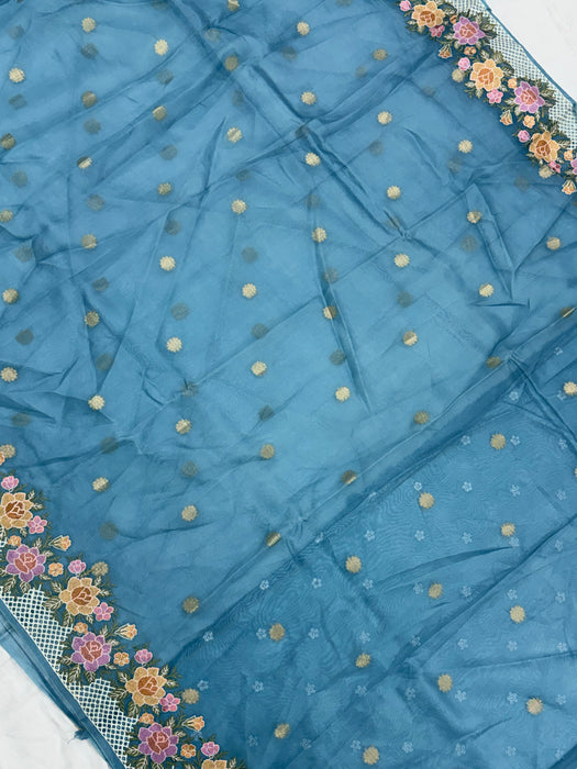 Steel Blue Pure Organza Banarasi Handloom Saree - Chikankari