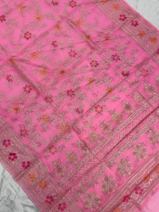 Pink Pure Organza Banarasi Handloom Saree - Chikankari