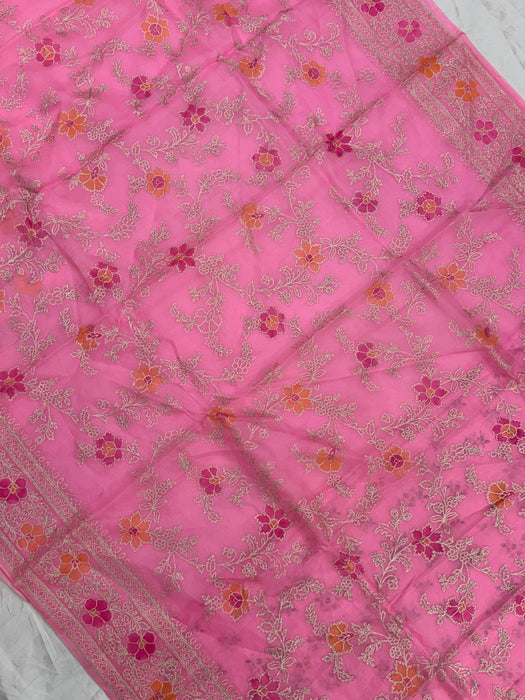 Pink Pure Organza Banarasi Handloom Saree - Chikankari