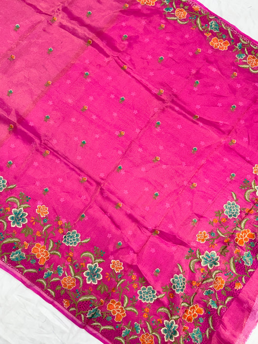 Rani Pure Tissue Banarasi Handloom Saree - Chikankari
