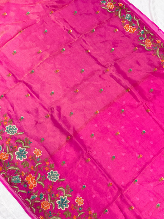 Rani Pure Tissue Banarasi Handloom Saree - Chikankari