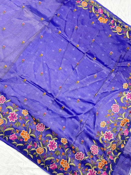 Blue Pure Tissue Banarasi Handloom Saree - Chikankari