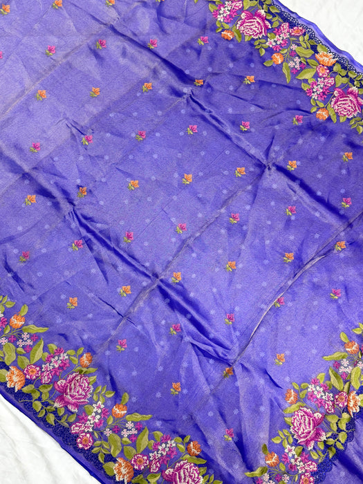 Blue Pure Tissue Banarasi Handloom Saree - Chikankari