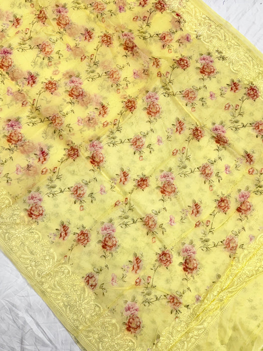 Light lemon Pure Organza Banarasi Handloom Saree - Chikankari with Digital Print