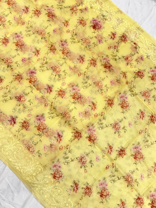 Light lemon Pure Organza Banarasi Handloom Saree - Chikankari with Digital Print