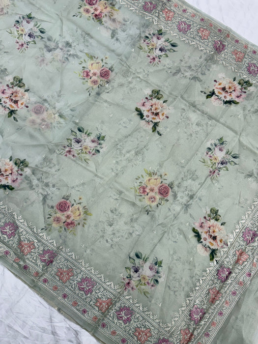Gray Pure Organza Banarasi Handloom Saree - Chikankari with Digital Print