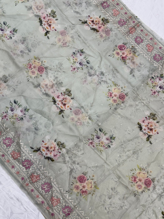 Gray Pure Organza Banarasi Handloom Saree - Chikankari with Digital Print
