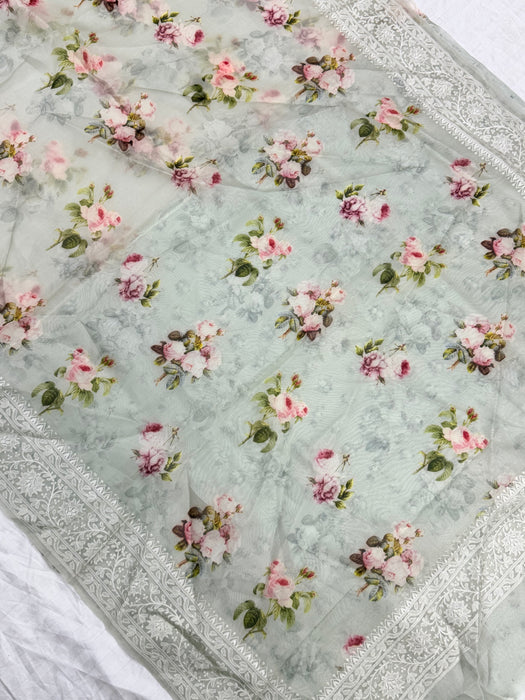 Powder Gray Pure Organza Banarasi Handloom Saree - Chikankari with Digital Print