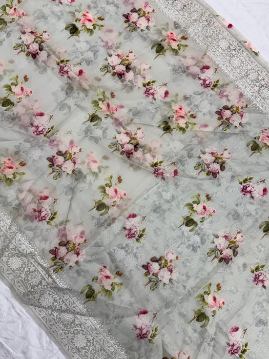 Powder Gray Pure Organza Banarasi Handloom Saree - Chikankari with Digital Print