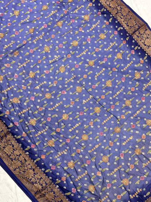 Steel Blue Pure Cotton Banarasi Handloom Saree - All over Embroidery