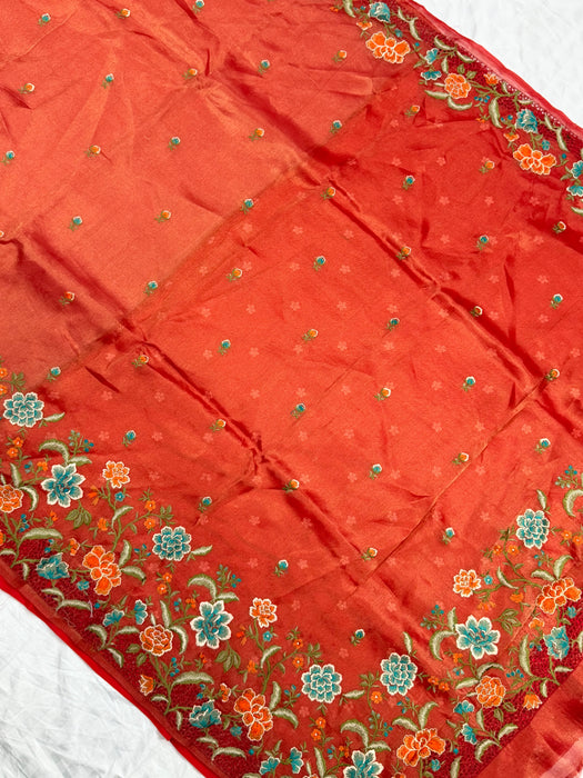 Red Pure Tissue Banarasi Handloom Saree - Chikankari