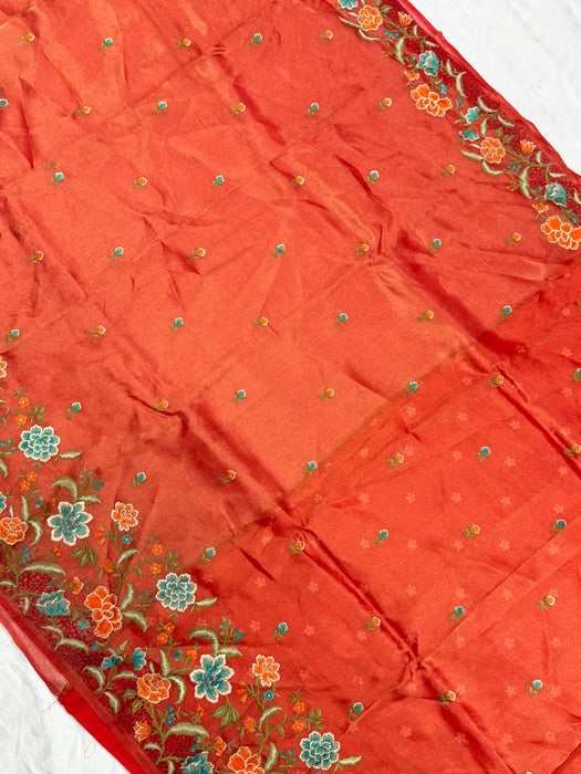Red Pure Tissue Banarasi Handloom Saree - Chikankari