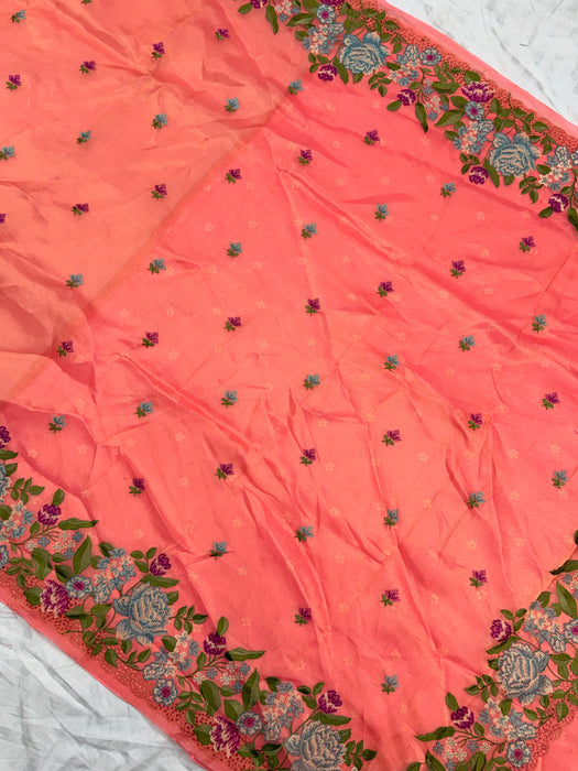 Italian Peach Pure Tissue Banarasi Handloom Saree - Chikankari