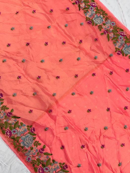 Italian Peach Pure Tissue Banarasi Handloom Saree - Chikankari