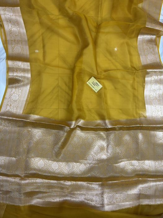 Golden yellow Pure Kora Banarasi Handloom Saree -  Reshmi Kora