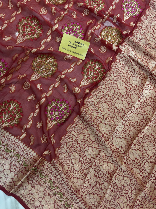 Maroon Pure Khaddi Chiffon Banarasi Saree - Meenakari Work