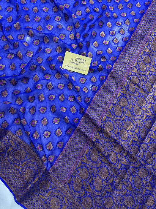 Royal Blue Pure Khaddi Chiffon Banarasi Saree - Black zari