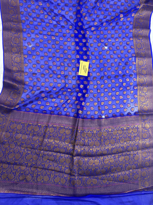 Royal Blue Pure Khaddi Chiffon Banarasi Saree - Black zari