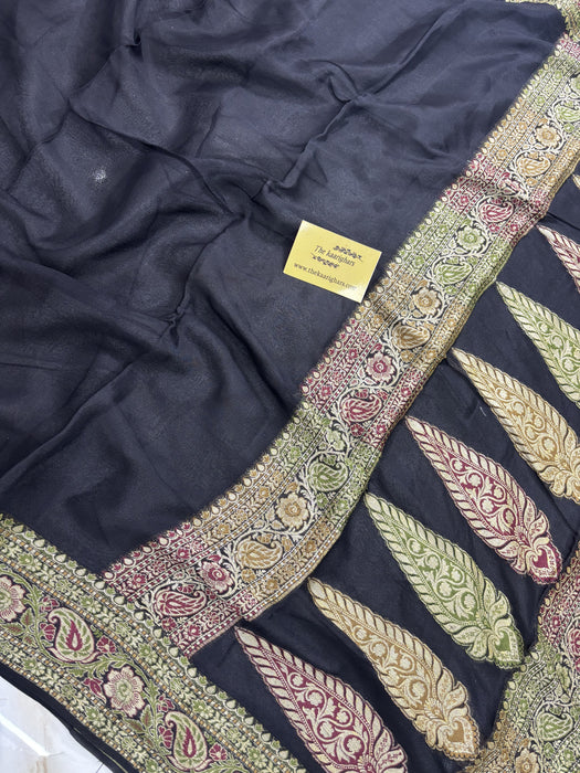 Black Pure Khaddi Chiffon Banarasi Saree - Meenakari Work