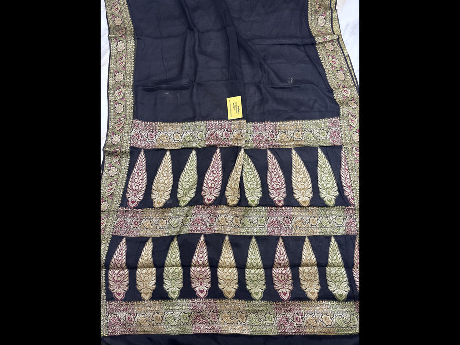 Black Pure Khaddi Chiffon Banarasi Saree - Meenakari Work