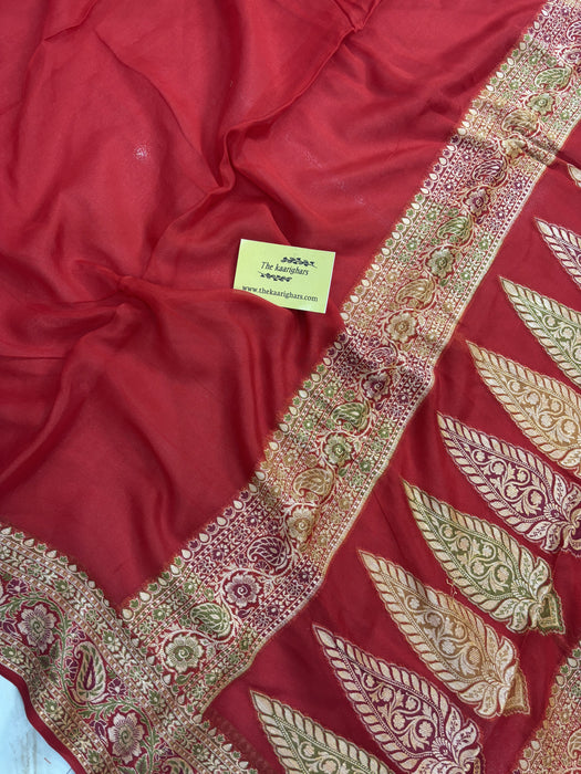 Red Pure Khaddi Chiffon Banarasi Saree - Meenakari Work