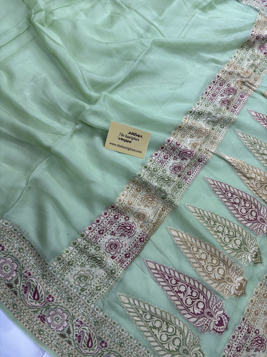 Hazel Green Pure Khaddi Chiffon Banarasi Saree - Meenakari Work
