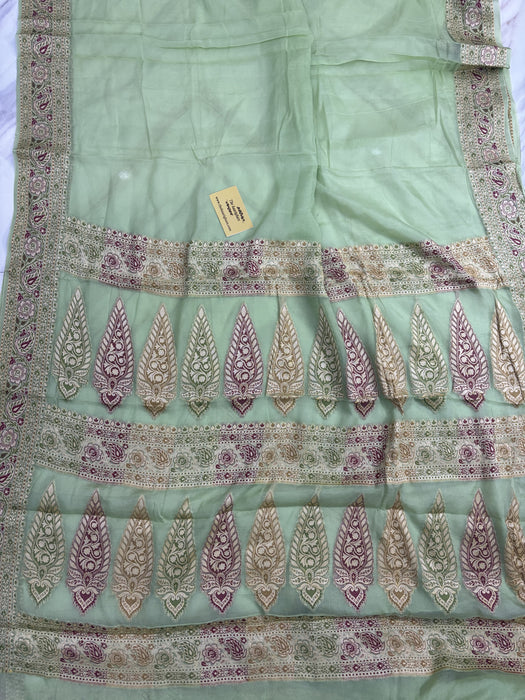 Hazel Green Pure Khaddi Chiffon Banarasi Saree - Meenakari Work