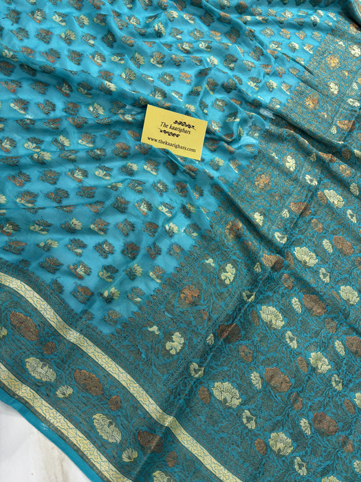 Spanish Blue Pure Khaddi Chiffon Banarasi Saree - Meenakari Work