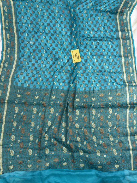 Spanish Blue Pure Khaddi Chiffon Banarasi Saree - Meenakari Work