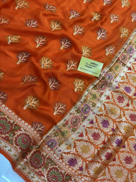 Italian Orange Pure Khaddi Chiffon Banarasi Saree - Meenakari Work