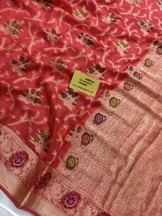 Onion Pink Pure Khaddi Chiffon Banarasi Saree - Meenakari Work