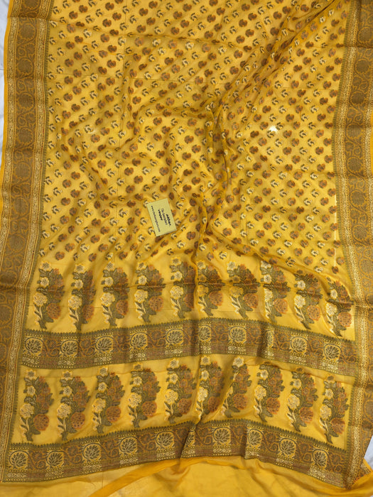 French Yellow Pure Khaddi Chiffon Banarasi Saree - Meenakari Work