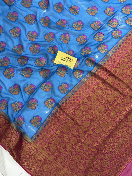 Blue Pure Khaddi Chiffon Banarasi Saree - Meenakari Work