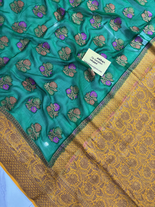 Green Pure Khaddi Chiffon Banarasi Saree - Meenakari Work